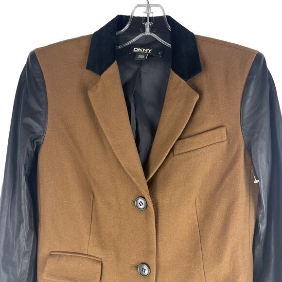 DKNY Donna Karan Wool Lamb Leather Blazer Jacket Brown Black Size 2 - Picture 2 of 6